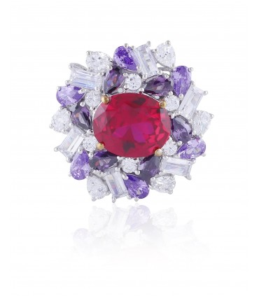 Ruby Red Ring with multi-coloured Brilliant Cut Astoraa™ Stones