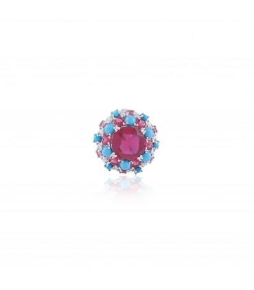 Ruby Red Ring with Turquoise Cabochon & Brilliant Cut Astoraa™ Stones